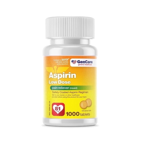 GenCare Low Dose Aspirin (NSAID) 81mg Pain Reliever Pills for Adults, 1000 Coated Tablets