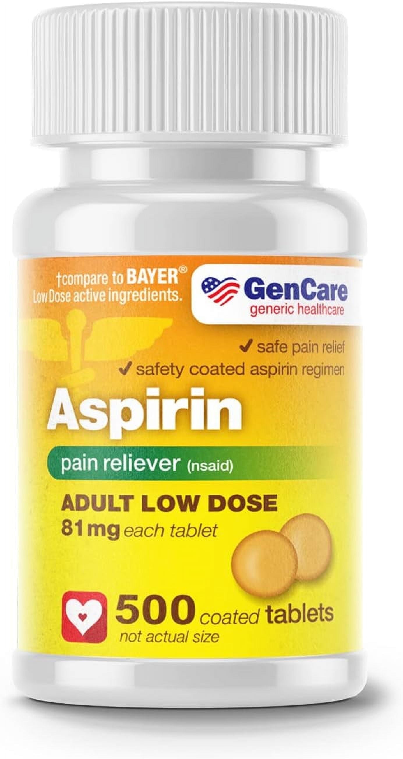 GenCare Low Dose Aspirin (NSAID) 81mg Pain Reliever for Adults, 500 Coated Tablets