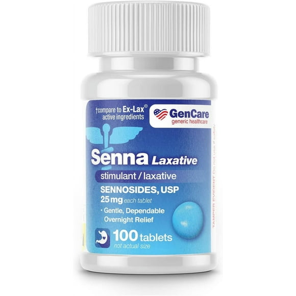 GenCare Maximum Strength Senna Laxative Sennosides 25mg Constipation Relief, 100 Tablets