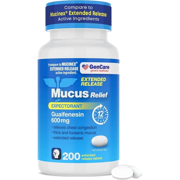 GenCare Mucus Relief Expectorant Guaifenesin 600mg for Congestion and Cough, 200 Tablets