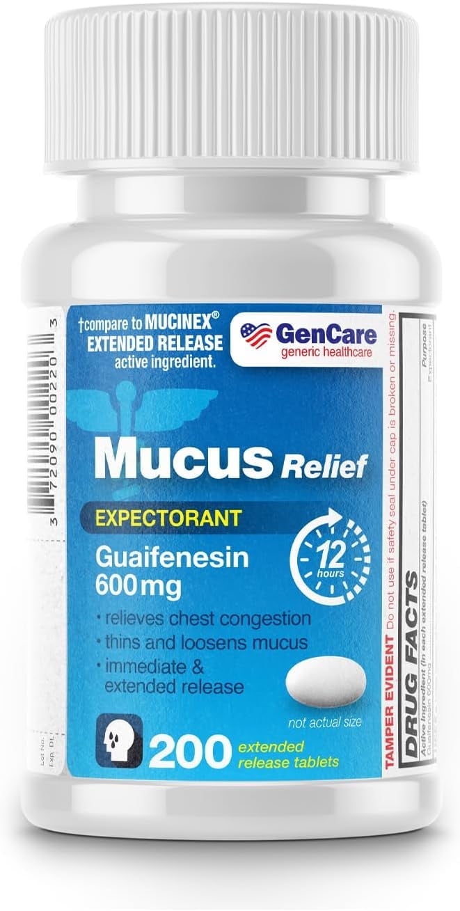 GenCare Mucus Relief Expectorant Guaifenesin 600mg for Congestion and Cough, 200 Tablets