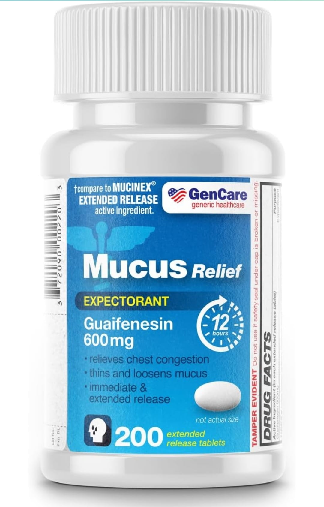 GenCare - Mucus Relief Guaifenesin 600mg (200 Tablets) Mucus Relief Expectorant for Congestion & Cough - Extended Release Tablets for Immediate & Lasting Relief