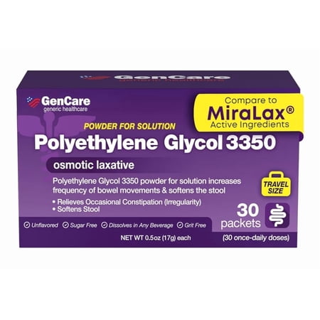GenCare Polyethylene Glycol 3350 Laxative Powder, Unflavored, 30 Single-Dose Packets, Constipation Relief, Gentle Osmotic Formula