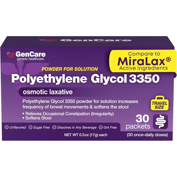 GenCare Polyethylene Glycol 3350 Laxative Powder for Constipation Relief, Unflavored, 100 Count