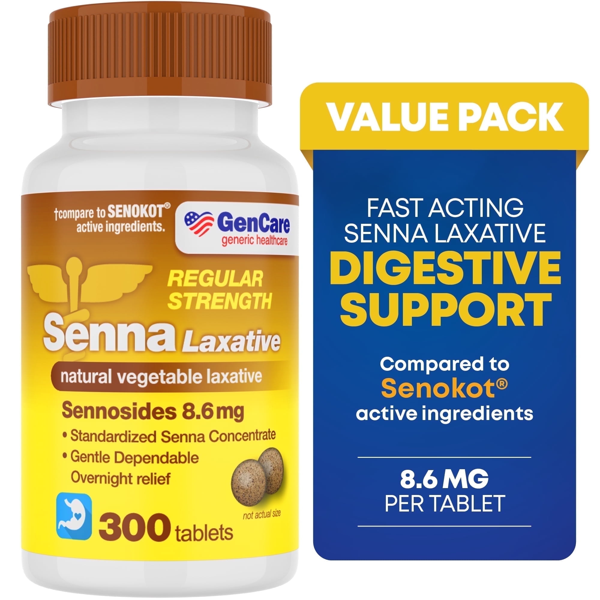 GenCare Senna Laxative Sennosides 8.6 mg All Natural Constipation Relief, 300 Tablets