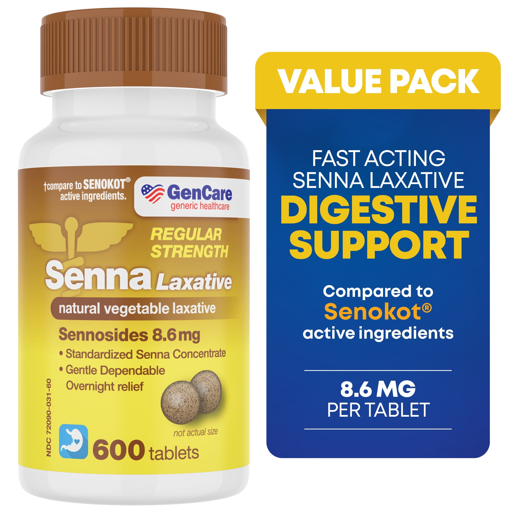 GenCare Senna Laxative Sennosides 8.6 mg All Natural Constipation Relief, 600 Tablets
