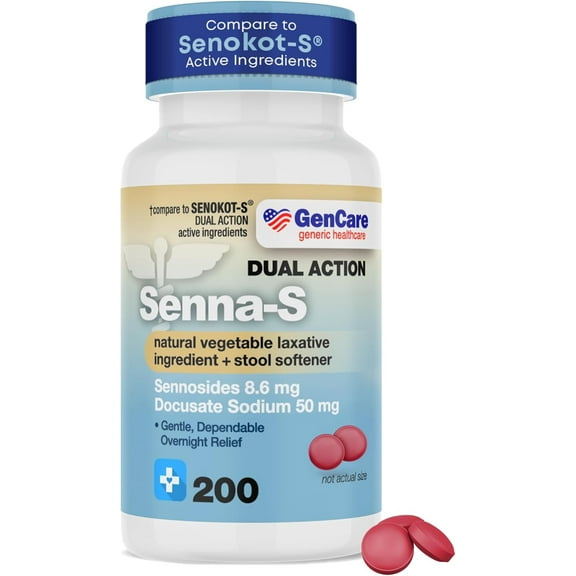 GenCare Senna Laxative Stool Softener Docusate Sodium 50mg & Sennosides 8.6mg, 200 Tablets