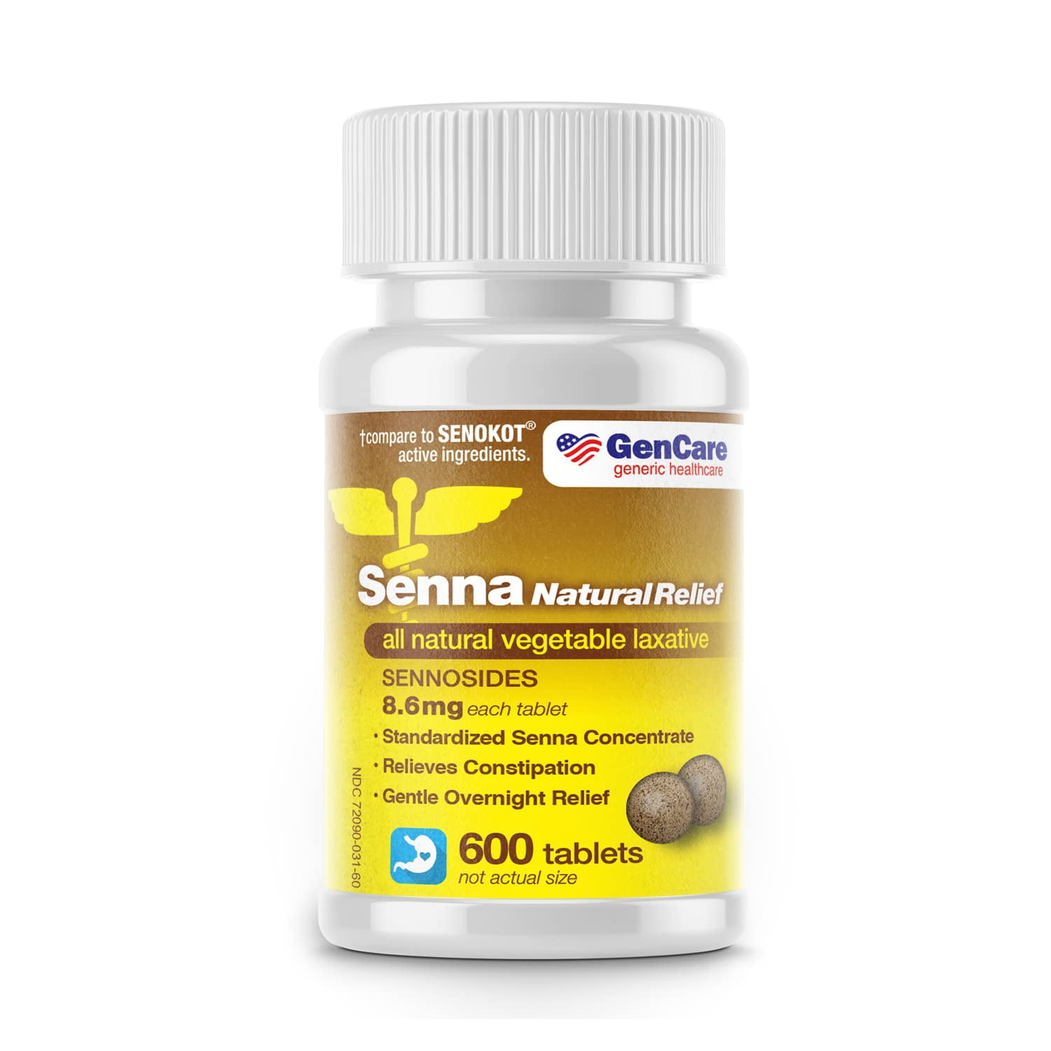 GenCare - Senna Laxatives Tablets 8.6mg with Natural Sennosides (600 Count) Value Pack Size for Bloating, Constipation, Gas & Irregularity Relief | Effective & Safe Overnight Formula | Generic Senokot