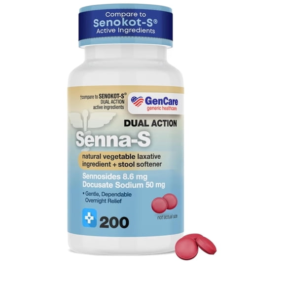 GenCare - Senna-S Natural Vegetable Laxative Plus Stool Softener Dual Action (200 Tablets) Value Pack | Gentle Dependable Overnight Relief of Occasional Constipation Generic for Senokot-S