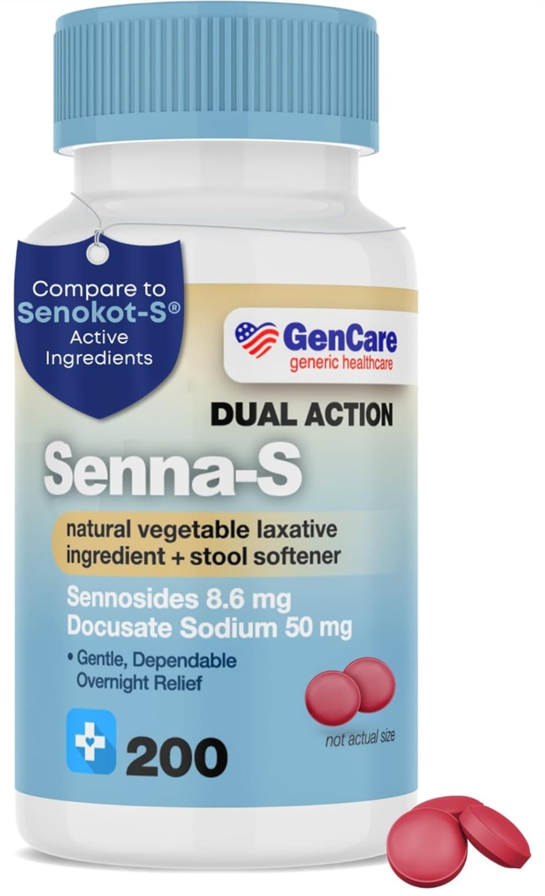 GenCare - Senna-S Natural Vegetable Laxative Plus Stool Softener Dual Action (200 Tablets) Value Pack | Gentle Dependable Overnight Relief of Occasional Constipation Generic for Senokot-S