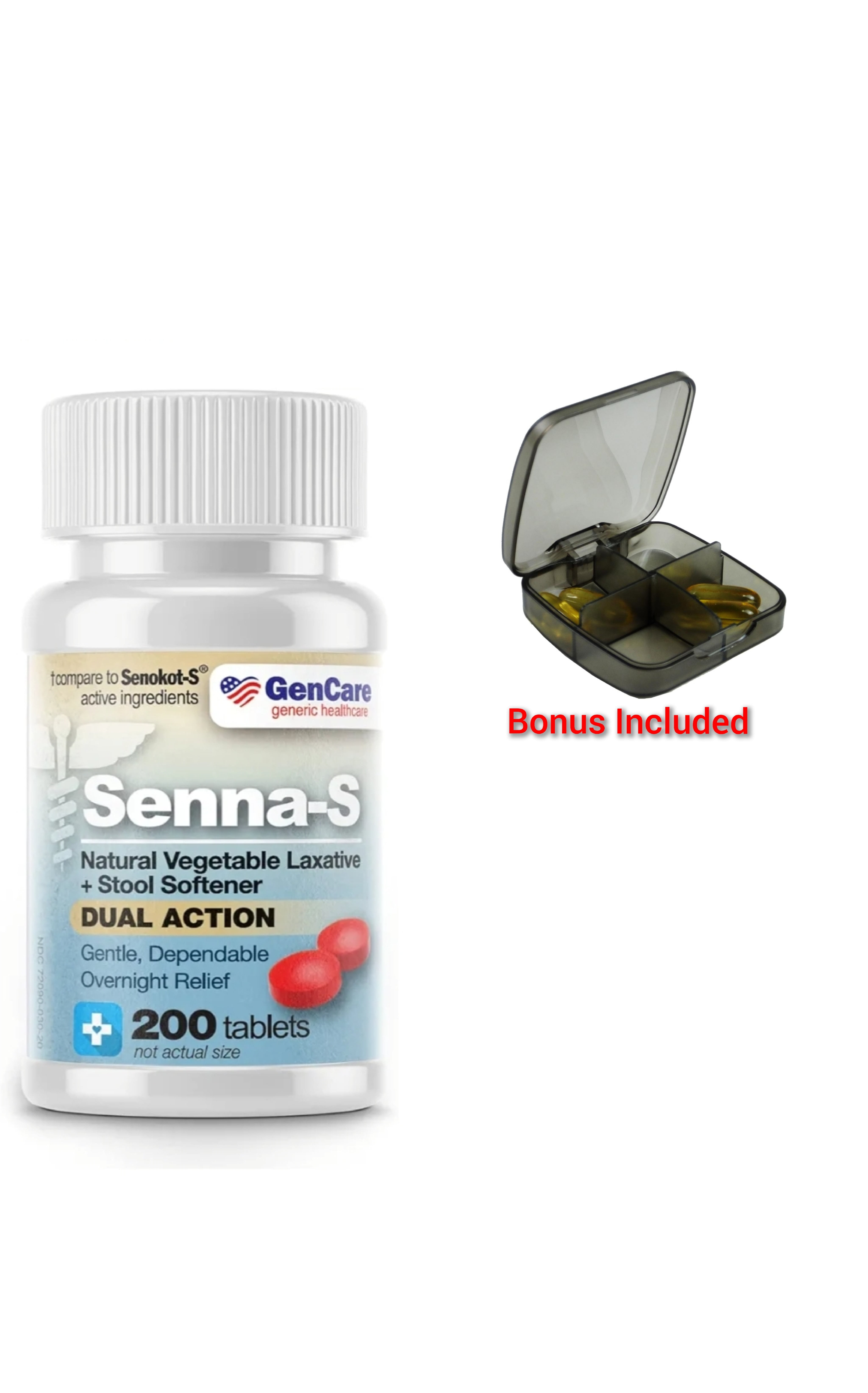 GenCare - Senna-S Natural Vegetable Laxative Plus Stool Softener Dual Action (200 Tablets) Value Pack | Gentle Dependable Overnight Relief of Occasional Constipation Generic for Senokot-S
