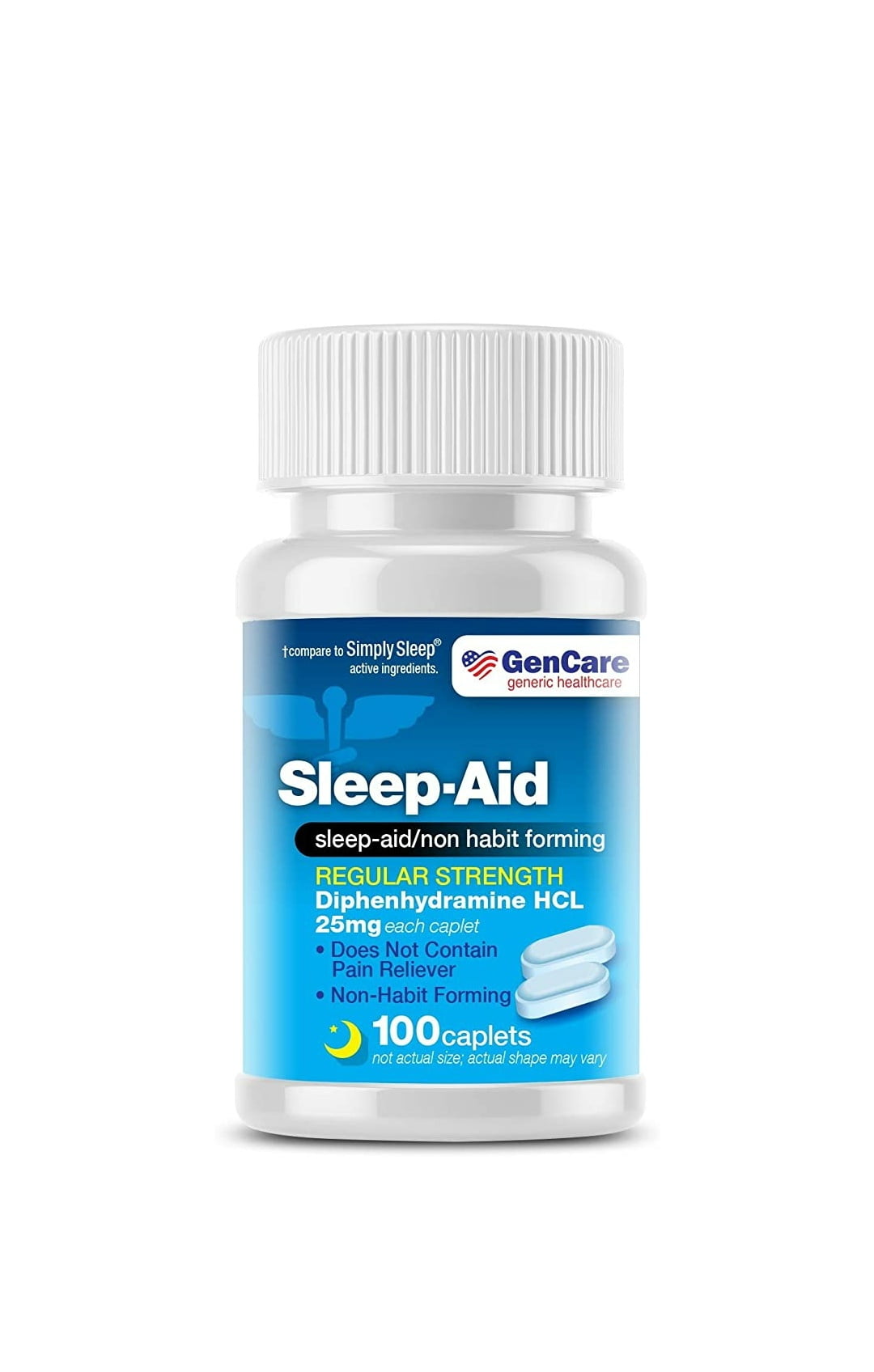 GenCare - Sleep Aid Diphenhydramine 25mg (100 caplets) | Regular Strength Non Habit Forming to Fall Asleep Faster & Sleep Deeper | Causes Drowsiness Take 1-2 Pills Before Bed | Generic Simply Sleep