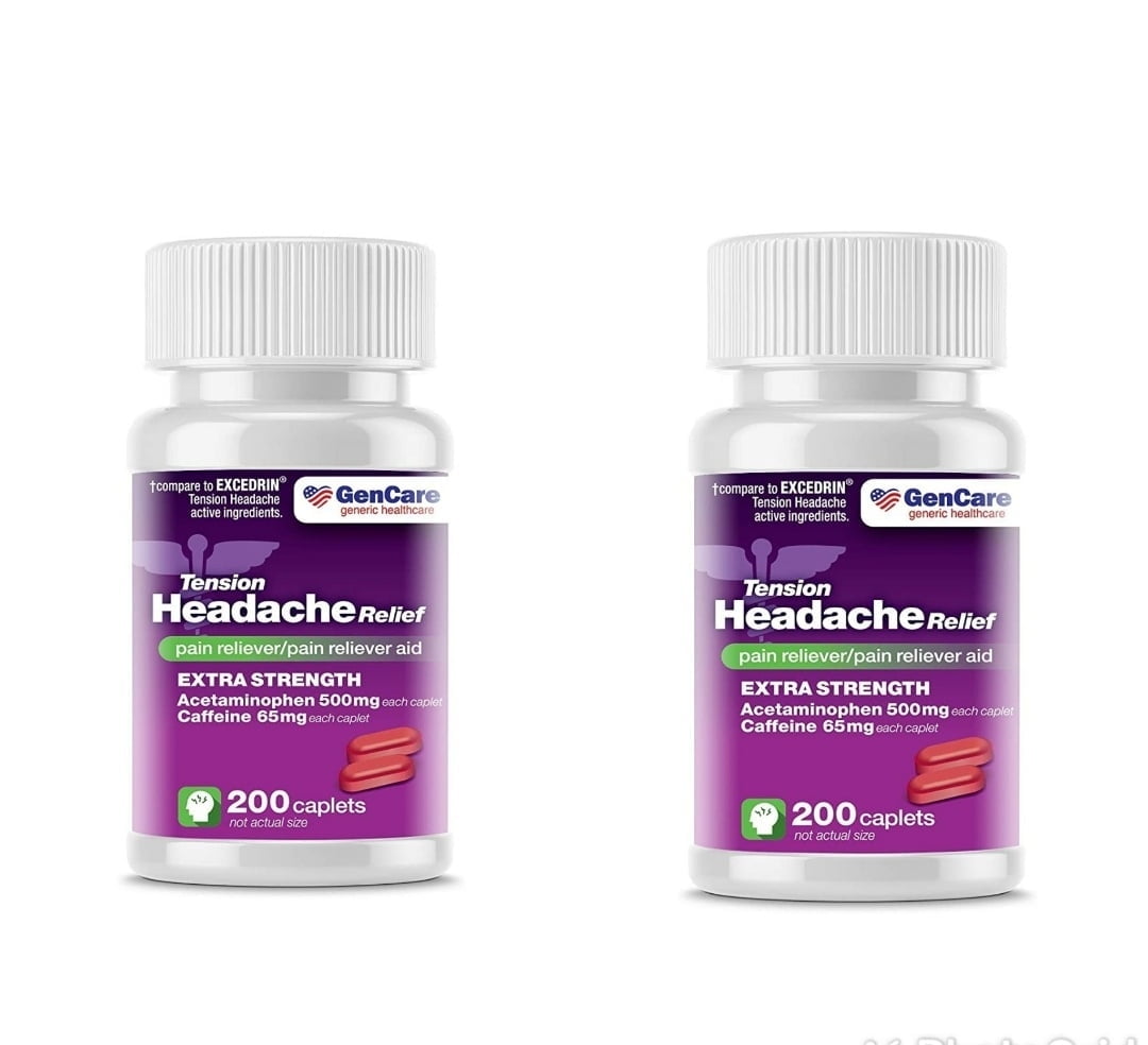 GenCare - Tension Headache Relief Extra Strength (200 Caplets) | Acetaminophen & Caffeine| 2 bottles