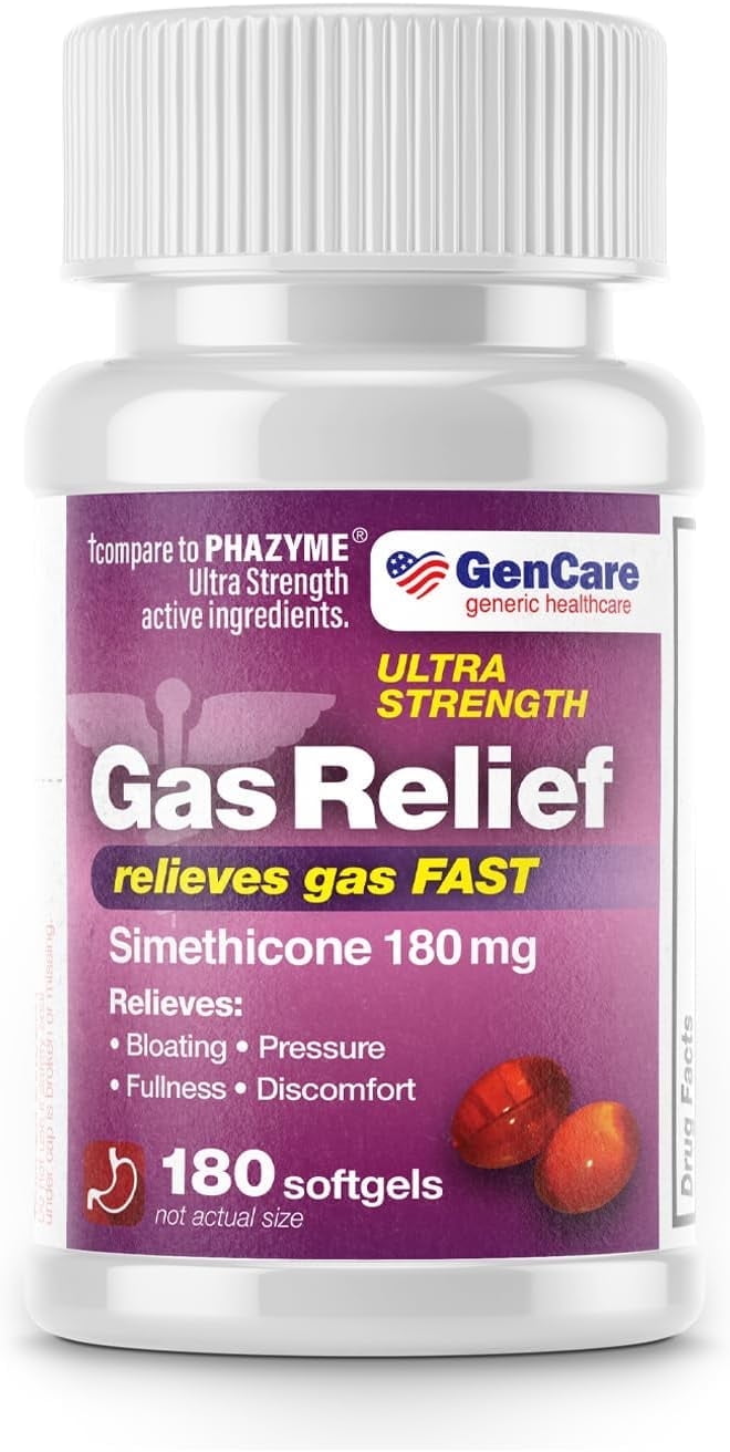 GenCare Ultra Strength Gas Relief Simethicone 180mg Anti Flatulence, 180 Softgels