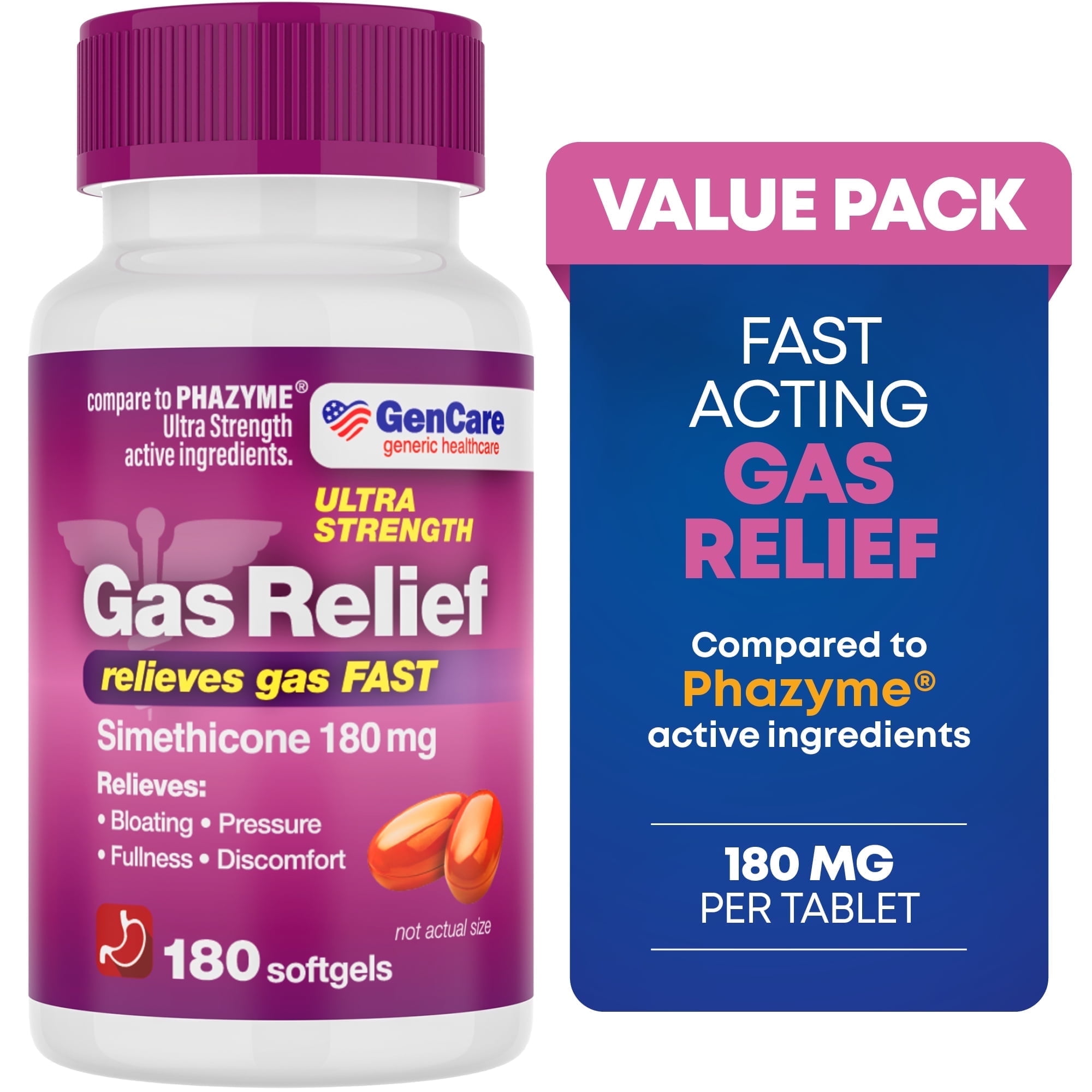 GenCare Ultra Strength Gas Relief Simethicone 180mg Anti Flatulence, 180 Softgels