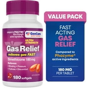 GenCare Ultra Strength Gas Relief Simethicone 180mg Anti Flatulence, 180 Softgels