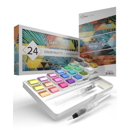 GenCrafts Metallic Watercolor Palette 8” x 6” Plastic 24-Well Rectangular Art Palette