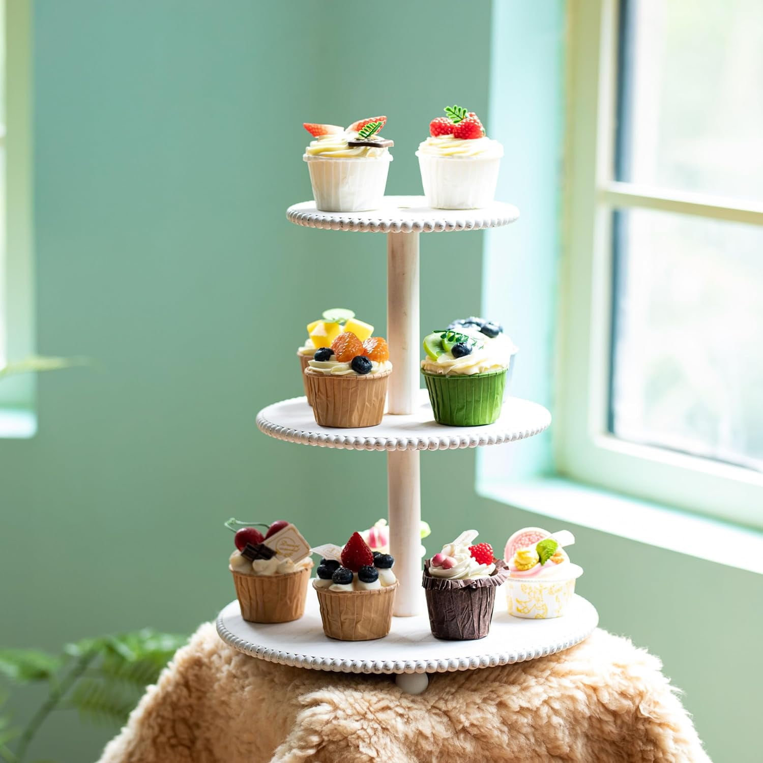 GenMous Co.3 Tier Beaded Cupcake Stand Rustic Wood Cupcake Tower Holder for 24 Cupcakes White Serving Tray Dessert Display Stand for Home Decor
