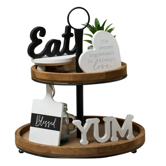 GenMous & Co.Rustic Black and White 2-Tiered Tray Set - Farmhouse Kitchen Counter Decor for Dining Room Table