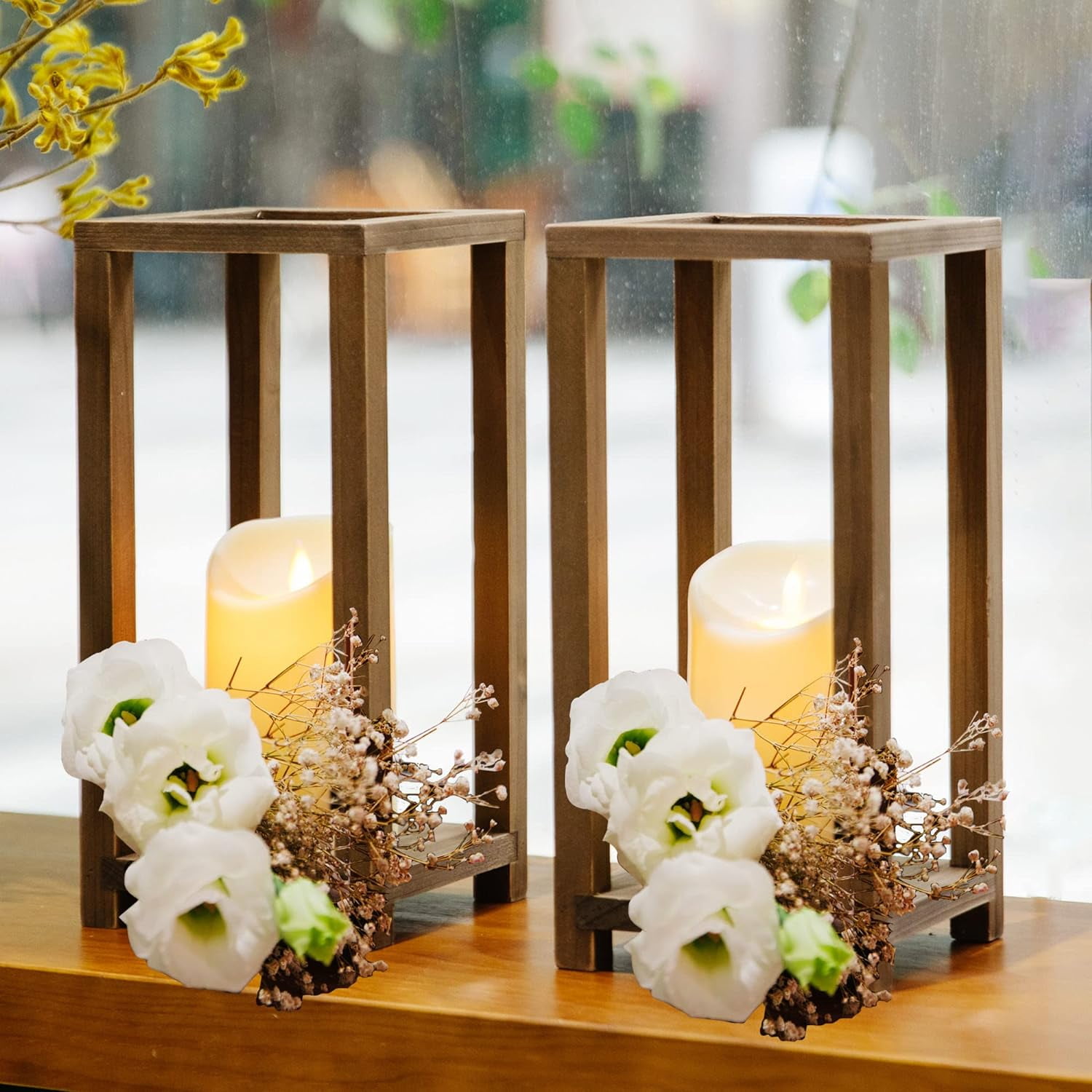 GenMous & Co.Rustic Farmhouse Lanterns for Wedding- Wood Lanterns Decorative Set of 2- Wooden Wedding Lantern Centerpieces for Tables, Farmhouse Living Room Decor, Fireplace Mantle Dining Table Dcor