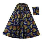 GenOne African Wax Skirts short 29" Dashiki Maxi Ankara High waist Wide Flair Skirts One Size P02 Blue Yellow, One Size 29" Long