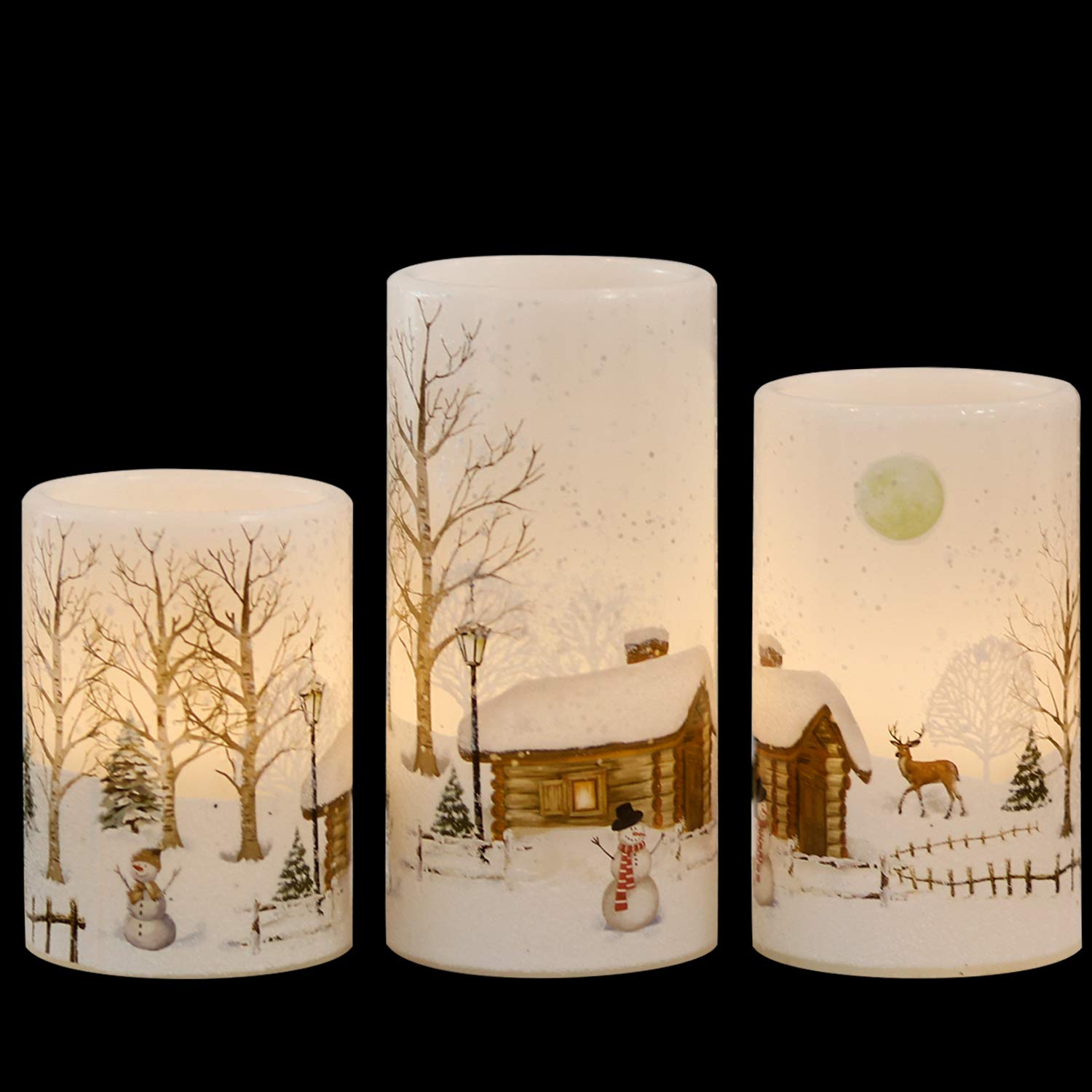 Wondise Christmas Snowman Flameless Candles – Real Wax With Remote Timer, Glitter LED Flickering Pillar For Holiday Decor
