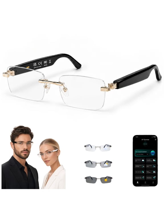 AI Smart Glasses,AI Assistant,Free App 164+ Languages Translation,Photochromic Gray Lenses Sunglasses,Suitable for Meetings and Offices,Silver Rimless Rectangle Unisex(Gold)