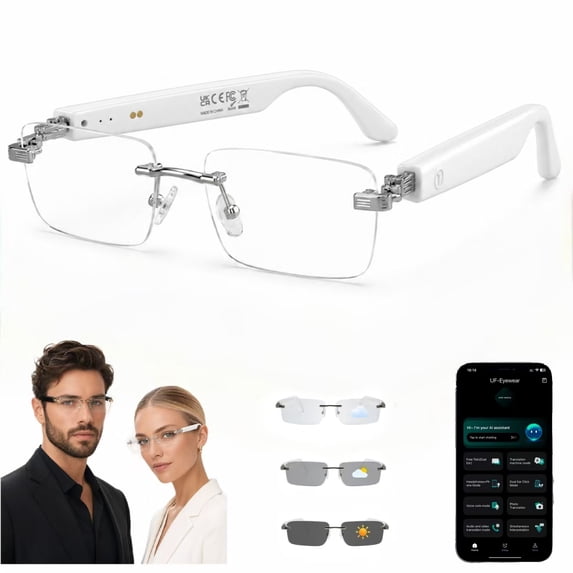 GenXenon AI Smart Glasses,AI Assistant,Free App 164+ Languages Translation,Photochromic Gray Lenses Sunglasses,Suitable for Meetings and Offices,Silver Rimless Rectangle Unisex