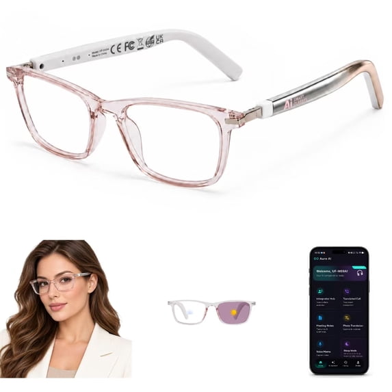 Genxenon Bluetooth AI Glasses,No-Subscription AI Translation,Free App Powered By Chatgpt,Real-Time Translation,AI Voice Assistant,Photochromic Purple Sunglasses,Pink Rectangle for Women
