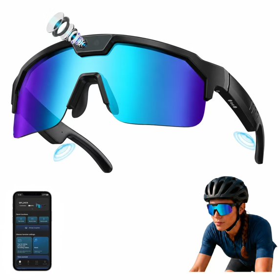 GenXenon Smart Bluetooth Glasses with Camera & AI Translation,Open-Ear Audio Eyewear 40+ Languages Scene Analysis,Hands-Free Calls Music,UV400 Polarized for Travel Hiking Outdoor Sports Blue