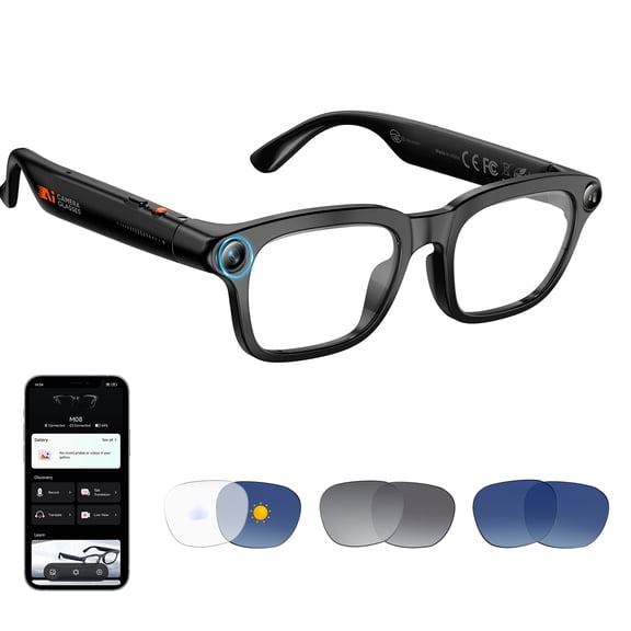 GenXenon Smart Glasses with Camera for Men Women,AI Camera Glasses with 8MP HD 1080P Video,Bluetooth Audio Glasses with Voice Control,Replaceable Lenses,support 164 Language Smart Sunglasses