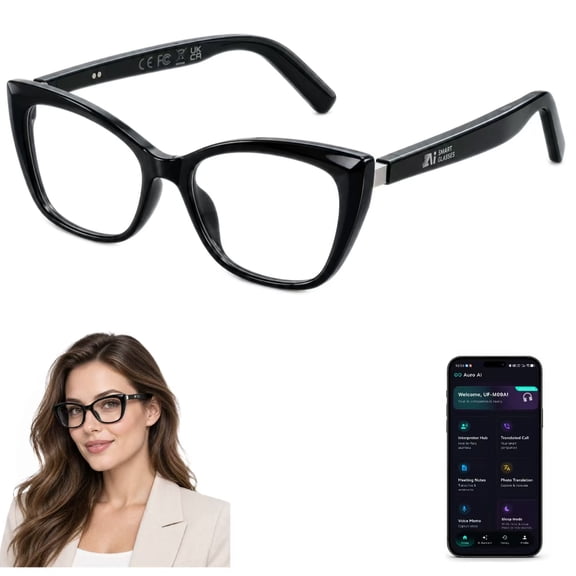 Genxenon Bluetooth Glasses with Auro AI App,Hands-Free Travel & Calls,Conversation & Photo Translation,Dual 120mAh,30g Super Light,Photochromic Lenses Daily Wear,Black Butterfly for Women
