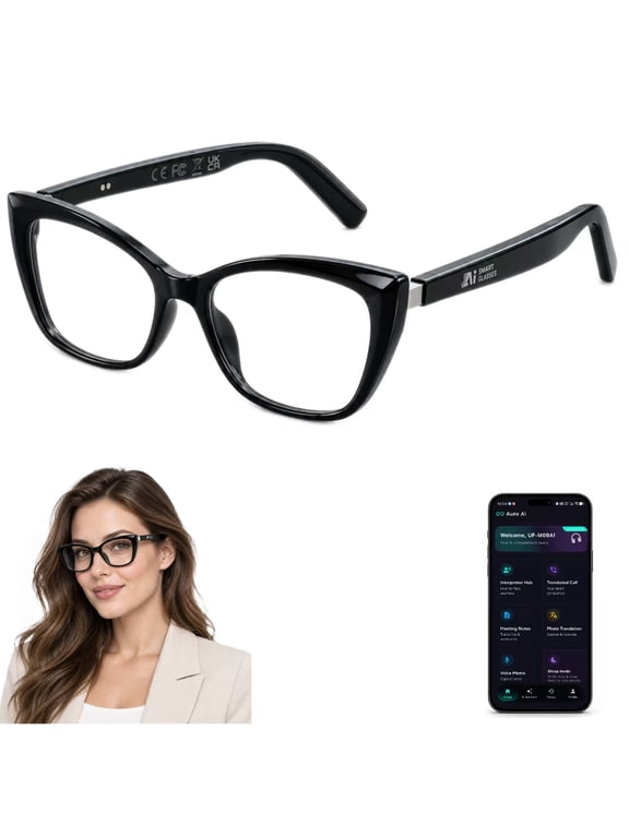Bluetooth Glasses with Auro AI App,Hands-Free Travel & Calls,Conversation & Photo Translation,Dual 120mAh,30g Super Light,Photochromic Lenses Daily Wear,Black Butterfly for Women