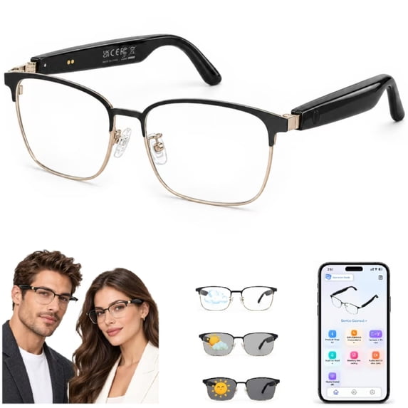 GenXenon Bluetooth AI Glasses,No-Subscription AI Translation,Free App,Photochromic Daily Wear,Open Bluetooth Audio,Gold Half Frame Unisex,Suitable for Meetings and Offices