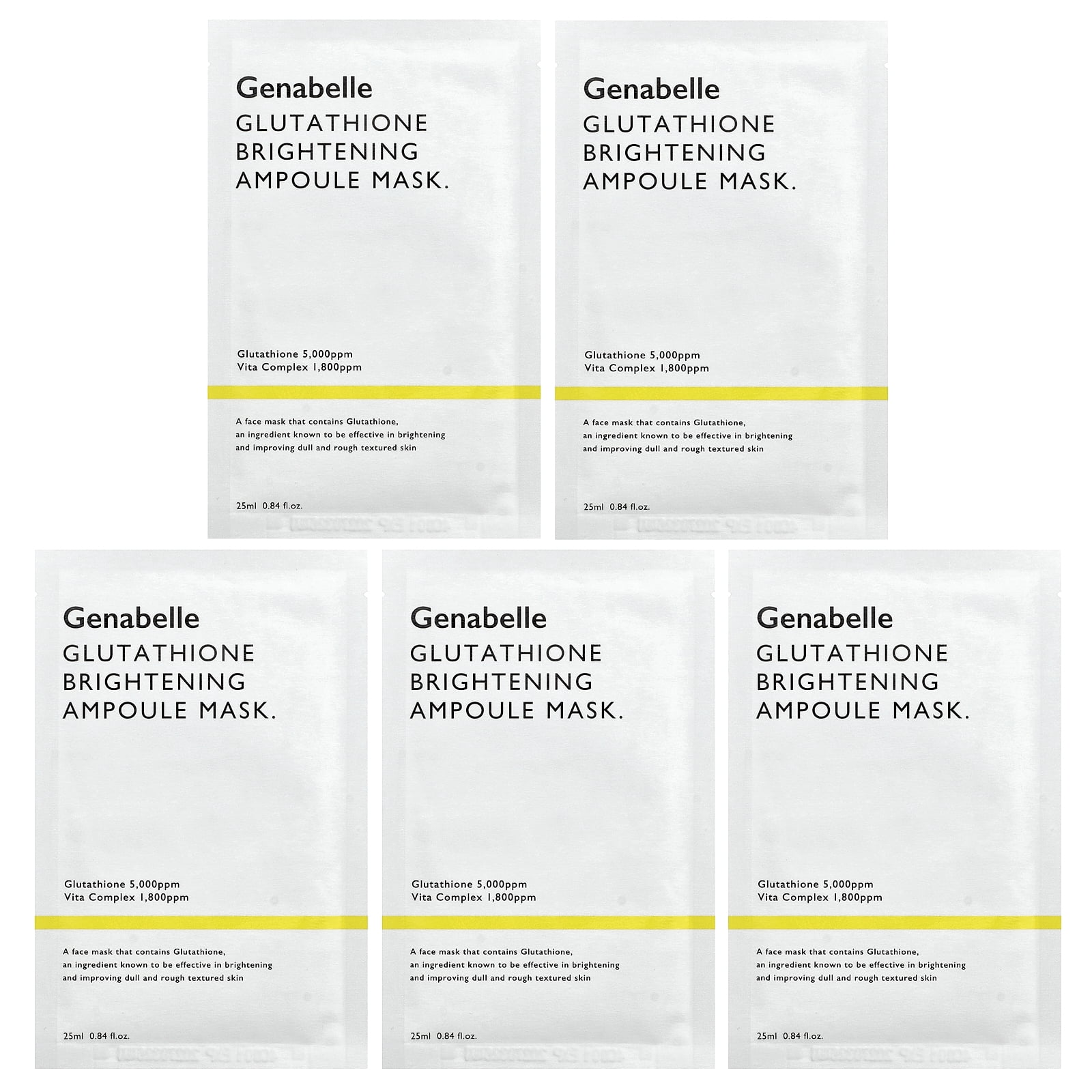 Genabelle Glutathione Brightening Ampoule Beauty Mask, 5 Sheets, 0.84 fl oz  (25 ml) Each