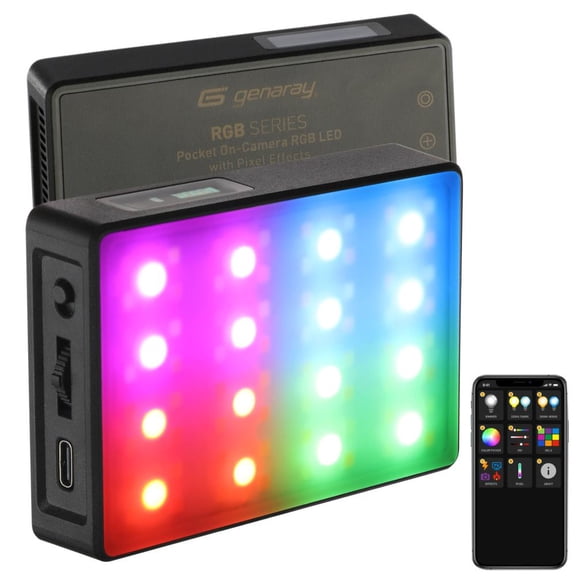 Genaray Compact OnCamera RGB LED Panel 28008000K, Bluetooth App Control, CRI97.1, TLCI99, 10 Effects, 48-Color Gel, Rechargeable