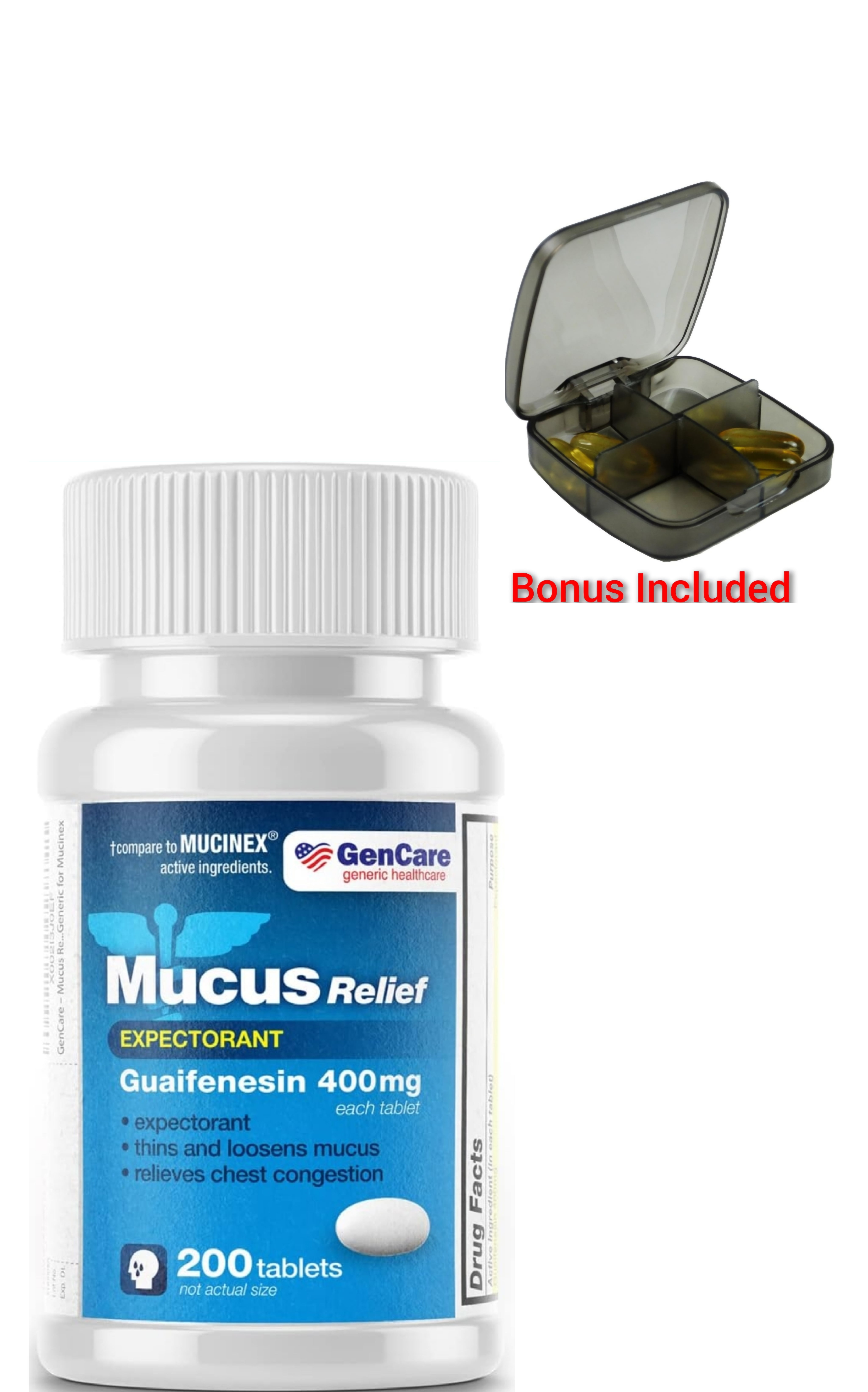 Gencare - Mucus Relief Expectorant Guaifenesin 400 mg (200 Tablets) | Helps Congestion