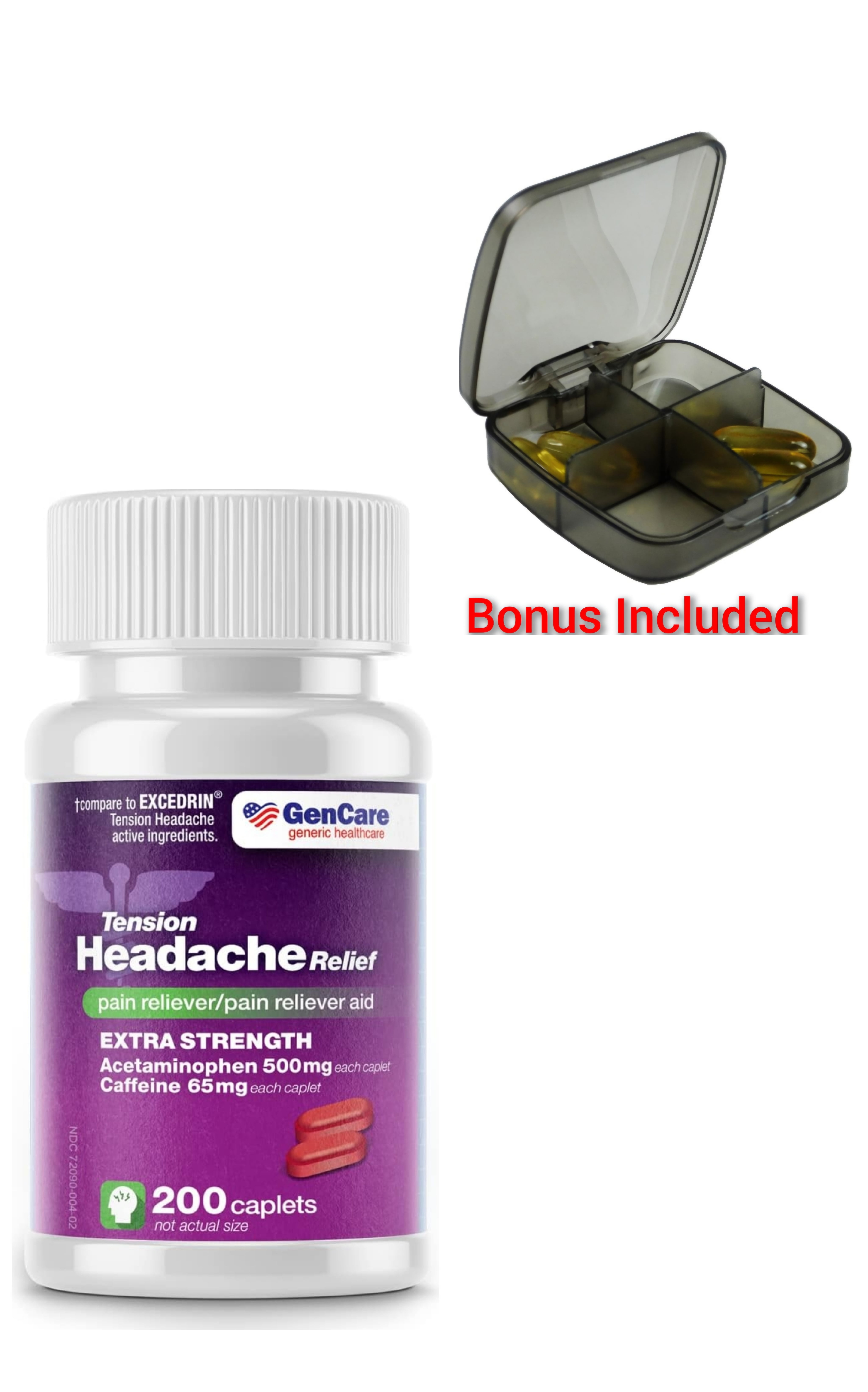 Gencare - Tension Headache Relief Extra Strength (200 Caplets) | Acetaminophen & Caffeine