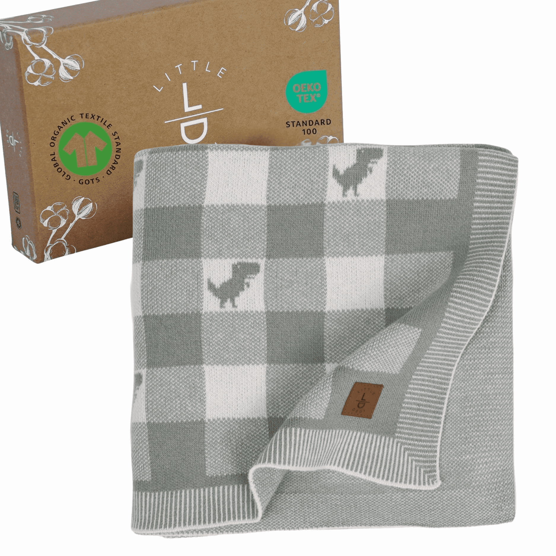 Gender-Neutral Checkered Baby Blanket 30x40 Inches, Green Dinosaur – 100% Organic GOTS Certified Cotton, Soft and Lightweight, Perfect for Swaddling