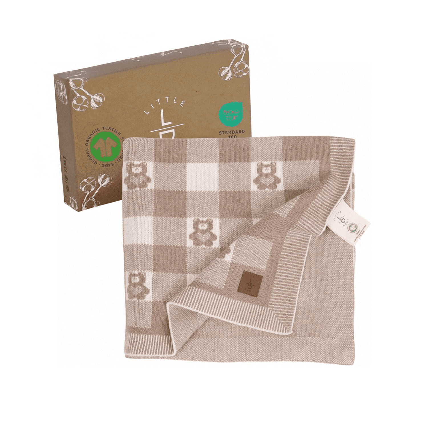 Gender-Neutral Checkered Baby Blanket 30x40 Inches, Mocha Teddy Bear – 100% Organic GOTS Certified Cotton, Soft and Lightweight, Perfect for Swaddling