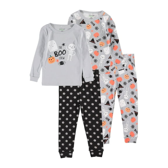 Gender Neutral Toddler and Infant Pajama Set Long Sleeve Matching combos 4 Pack Halloween Boo Crew Gray 12M