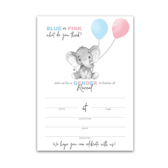 Gender Reveal Baby Shower Party Invitations Pack of 25 Elephant with Balloons, Blue or Pink, He or She Elegant DIY Guess Boy or Girl Unisex Fill-in Invites by Roseum Collections I510-INV1