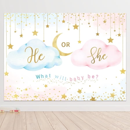 He Or She Gender Reveal Backdrop Boy or Girl Pink Cloud What Will Baby Be Background Gold Stars Moon Cute Lovely Newborn Party Decorations Banner Photo Booth Props Birthday Supplies