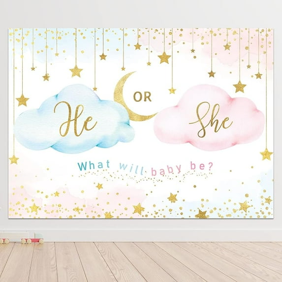 He Or She Gender Reveal Backdrop Boy or Girl Pink Cloud What Will Baby Be Background Gold Stars Moon Cute Lovely Newborn Party Decorations Banner Photo Booth Props Birthday Supplies