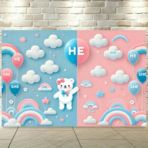 He Or She Gender Reveal Backdrop Rainbow Boy Or Girl What Will Baby Be Photography Background Blue Pink Balloons White Bear Clouds Gender Reveal Party Decorations Banner Supplies Photo Booth Props