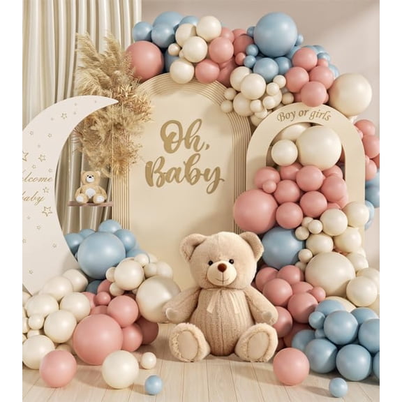 130 Piece Dusty Pink Blue Balloon Garland Kit, Boho Neutral Theme Gender Reveal Baby Shower Birthday Party Decorations