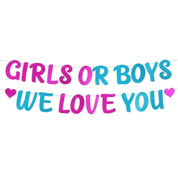 Gender Reveal Banner, Girls or Boys We Love You Baby Shower Banner Pregnancy Announcement Decor Glitter Backdrop Sign for Pink or Blue Party Celebration Decorations