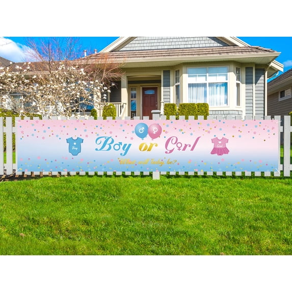 Gender Reveal Banner He or She Baby Shower Yard Lawn Sign Photo Booth Props for Gender Reveal Supplies Banners with 4 Grommets