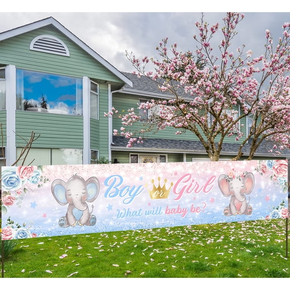 Gender Reveal Banner He or She Baby Shower Yard Lawn Sign Photo Booth Props for Gender Reveal Supplies Banners with 4 Grommets
