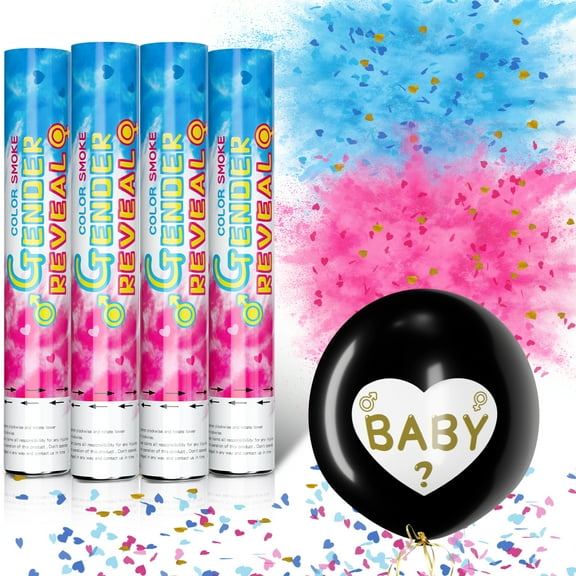 Gender Reveal Butterfly Confetti Powder Cannon & and Confetti Balloon,Gender Reveal Party Supplies 100% Biodegradable Tissue Safe Powder Ideas and Smoke Bombs,Mixed Set of 4